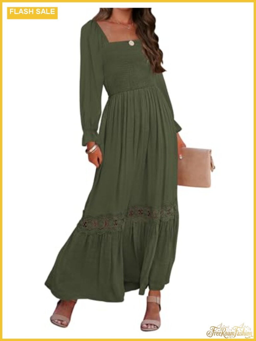 Boho Long Sleeve Smocked Maxi Dress Square Neck Backless Lace Trim